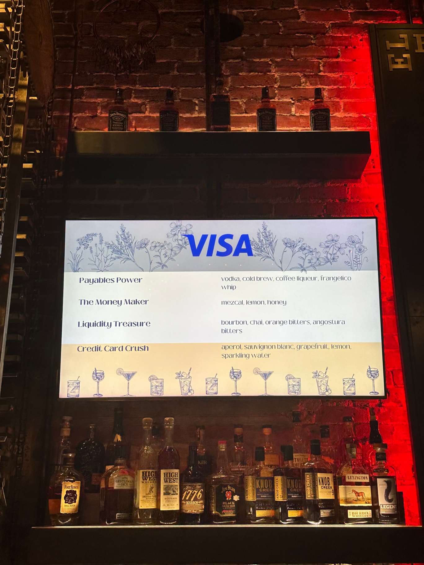 Visa custom cocktail menu displayed above the bar