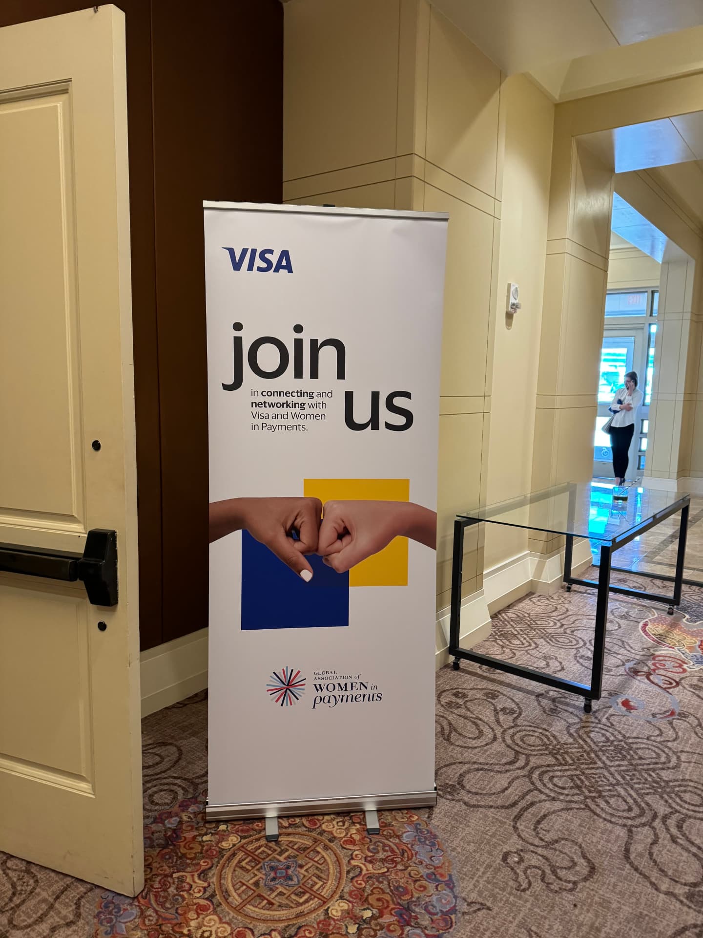 Visa and Women in Payments join us welcome banner at the entrance
