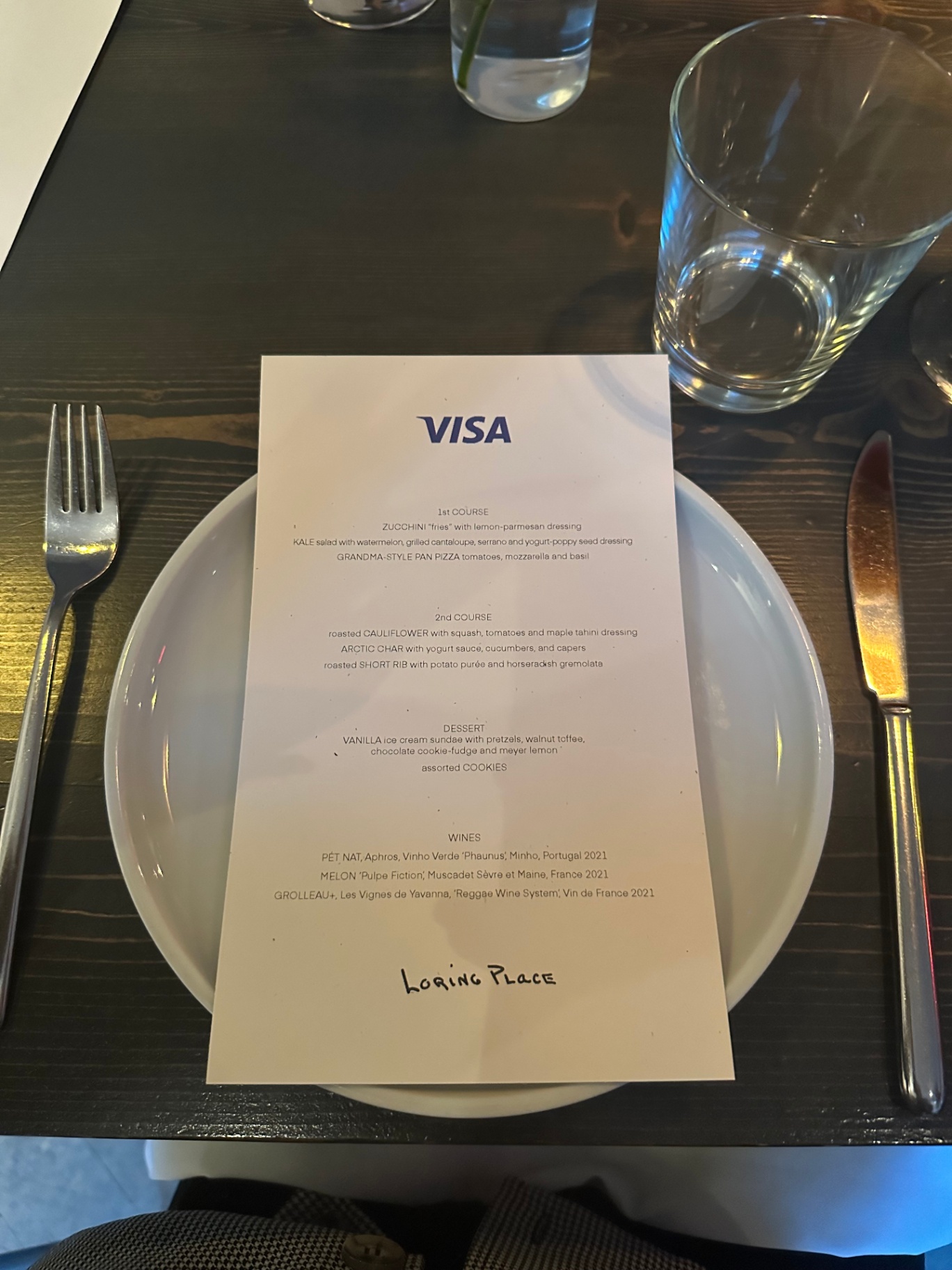Visa-branded dinner menu at the Loring Place private dinner