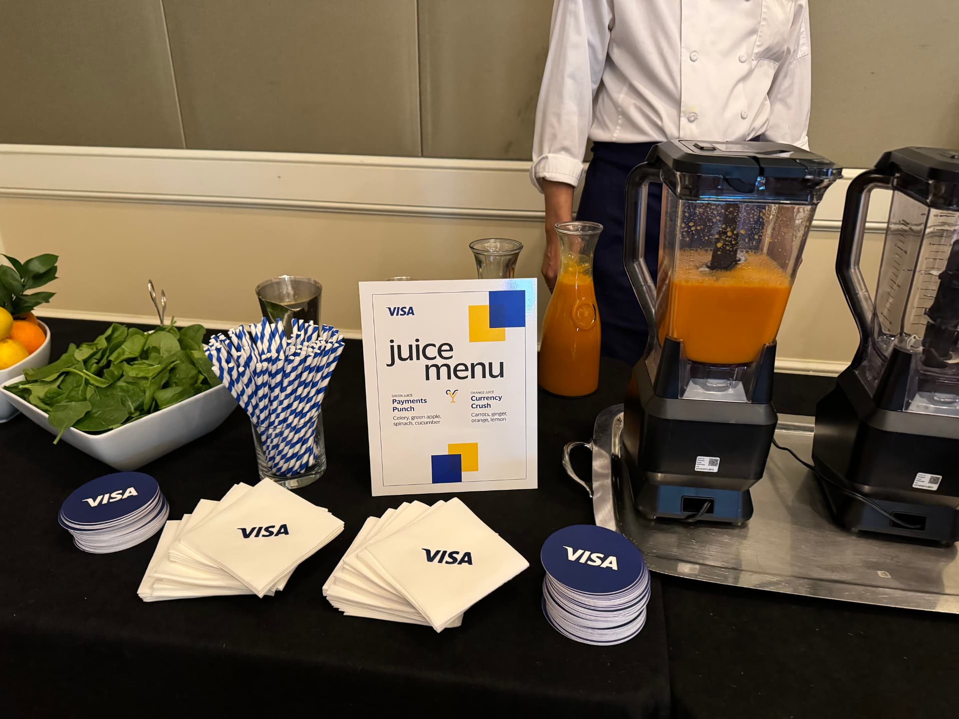 Visa juice menu card with Payments Punch and Currency Crush cocktails